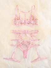 Floral Embroidery Mesh Underwire Garter Lingerie Set